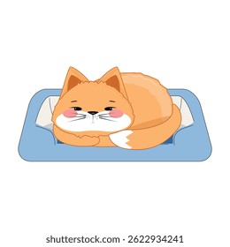 Orange cat curled up sleeping in blue bed with pillow, cozy pet rest, cartoon style, isolated on white