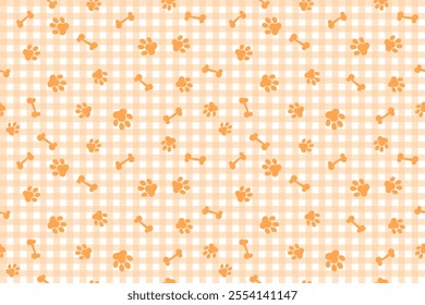 Orange Cat Or Dog Paw And Bone Pattern Background With Gingham. Wallpaper. Vector Illustration. Valentine's Day. Animal. Backdrop. Summer