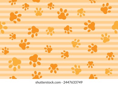 Orange Cat Or Dog Paw Pattern Background With Striped. Wallpaper. Vector Illustration. Valentine's Day. Animal. Backdrop. Summer