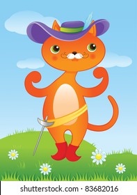 Orange cat dressed in red boots and big hat on a green lawn background