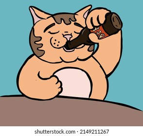 Orange cat drinks bottle beer. 