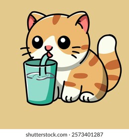 Orange cat is enjoying drinking water from a straw, vector illustration design.