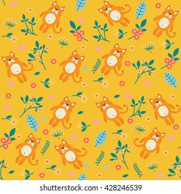 Orange cat and flowers, seamless pattern on yellow background