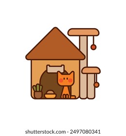 Orange Cat in Front of Cat Tree House Vector Illustration