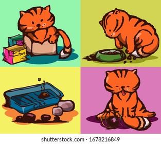 orange cat funny sitting in a box , sleeping cat, cat eating out of a blue bowl, set of illustrations