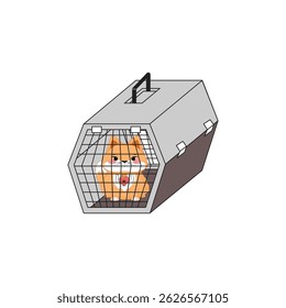 Orange cat in gray pet carrier with heart tag, travel crate, animal transportation, isolated on white
