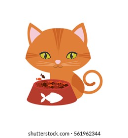 orange cat green eyes plate food fish print vector illustration eps 10