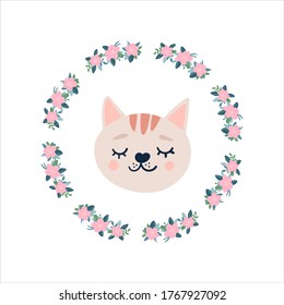 Icono de la cabeza de gato anaranjado con los ojos cerrados en un marco redondo de flores. Caricatura graciosa. Mustache. Colección de huellas de bebés para mascotas. Feliz día de San Valentín. Estilo escandinavo. Vector aislado