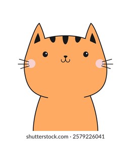 Orange cat head face line contour silhouette. Pet collection. Cute cartoon funny baby character. Pink blush cheeks. Funny kawaii doodle animal. Flat design White background. Vector