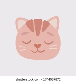 Orange cat head face oval icon with closed eyes. Cute cartoon funny character. Mustache. Pet baby print collection. Happy valentines day. Scandinavian style Isolated. Vector