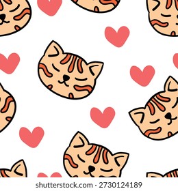 Orange cat with heart shape in seamless pattern. Hand drawn art for sticker, postcard, wallpaper, mural, fabric, prints, etc