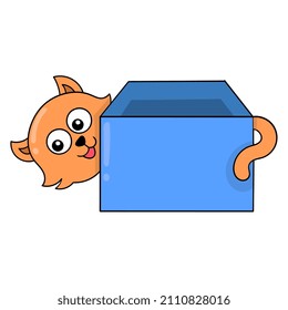 the orange cat is hiding behind the box, vector illustration art. doodle icon image kawaii.