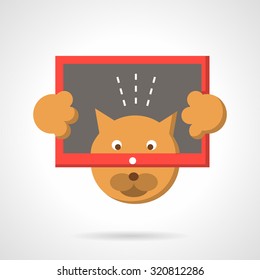 Orange cat holds red tablet and taking self-portrait photo. Flat color style vector icon. Social networks, modern lifestyle. Web design elements.