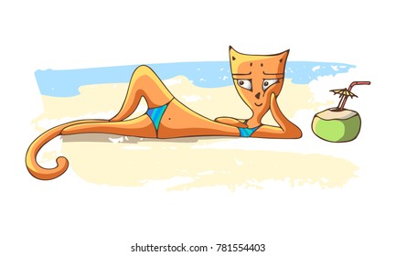 An orange cat lies on the beach near the sea in a swimsuit and with a coconut cocktail. Vector image in cartoon style hand-drawn.