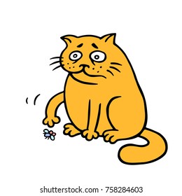 Orange cat is lonely. A dead fly on the floor. Bad day. No-one wants to play with me today. Vector Illustration. Cute emoticon character.