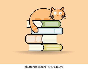 Orangefarbene Katze, die auf einem Haufen Bücher liegt. Zusammengestellt.Orange. Vektorillustration.