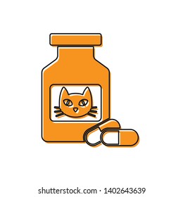 Orange Cat medicine bottle and pills icon isolated on white background. Container with pills. Prescription medicine for animal. Vector Illustration