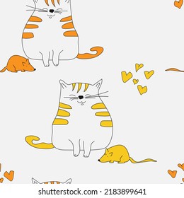 orange cat and orange mouse, orange heart.hand-drawn.seamless pattern.vector illustration. white background.high quality