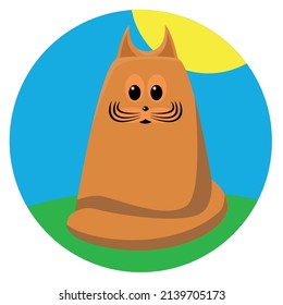 Orange cat on a yellow-blue background. Cartoon.