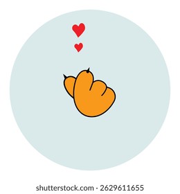 Orange cat paw making mini heart gesture with red hearts, cute love sign, isolated, round background