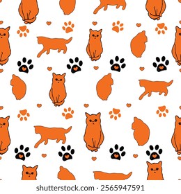 Orange cat with paw prints and hearts. Seamless fabric design pattern