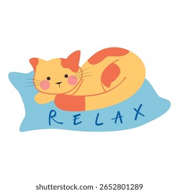 Um gato laranja descansando pacificamente sobre um travesseiro azul claro. A palavra "RELAX" está escrita no travesseiro, captando perfeitamente o humor sereno. Gato clipart. Ilustração de vetor de ícone