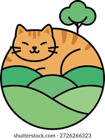 Orangenkatze friedlich schlafend auf grünen Hügeln im flachen kreisförmigen Vektorstil. Perfekt für Kinderaufkleber, Kindergartendekoration, Kinderbücher, T-Shirt-Prints und Vorschuldesigns.
