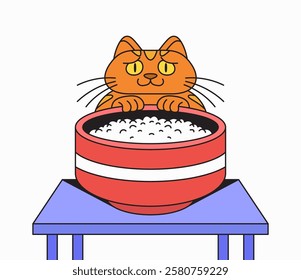 Orange cat peeking over a bowl of rice adorable cartoon illustration hand drawn vector