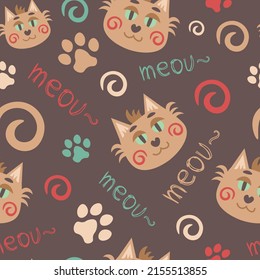 Orange cat pettern. Red-headed cat head face muzzle vector seamless illustration with hand drawn doodle elements and lettering, meou
