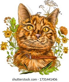 orange cat with plants and flowers portrait composition vector illustration