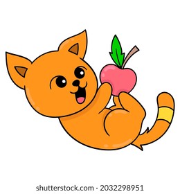 orangefarbene Katze, die mit roten Äpfeln spielt, Vektorgrafik. doodle Symbol kawaii.
