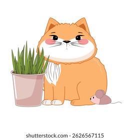  Orange cat with pot of green grass and pink mouse toy, pet care, cartoon style, isolated on white.