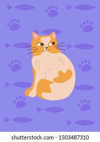 Orange cat. Purple background with fish and paws