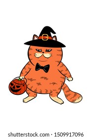 An orange cat putting on a few Halloween props while holding a pumpkin shaped bucket for trick or treat