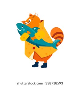Orange Cat in a Raincoat Hugs a Fish. Cute Vector Illustration