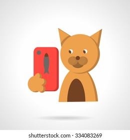 Orange cat with red smartphone. Photographing pets. Social networks button. Flat color style vector icon. Web design element for site or mobile application.