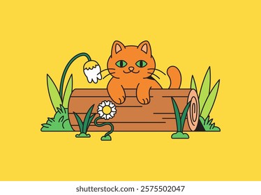 Orange cat relaxing on a log amidst flowers and grass cartoon hand drawn vector illustration perfect for pet and nature themes