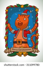 Orange cat in Santa's costume waving hands, Christmas frame for christmas card, vector
