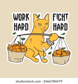 orange cat sells fruit at the traditional market, orange cat is a hard worker and hard fighter, the ruler of the streets