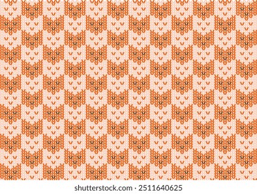 Orange cat shape on white background knitting pattern, Scarf knit tricot fabric print. Classic warm seamless knitted pattern. Fabric canvas illustration, Knitted animal skin seamless pattern. 