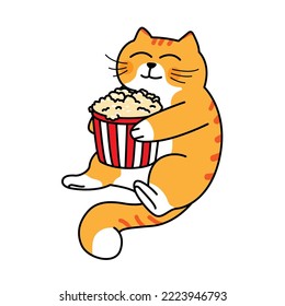 Orange cat sit and chill with popcorn - cute cat