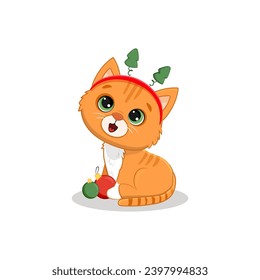 Orange cat sits on a white background. Cute ginger kitten in cartoon style. Christmas  Illustration for postcard, banner, web, design, arts. Vector
