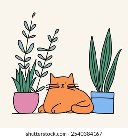 Orange cat sits peacefully beside two potted plants, one with tall green leaves and the other with slender stems, creating a warm and inviting atmosphere.