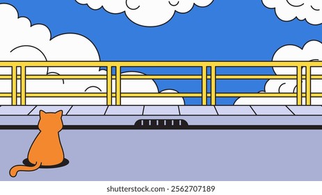 An orange cat sitting on a sidewalk watching a bright blue sky with fluffy clouds in cartoon retro illustration hand drawn