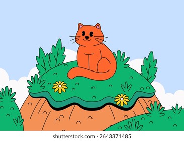 Orange cat sitting peacefully on a grassy hilltop with flowers and bushes under a blue sky cartoon illustration vector for children's books, animal illustrations, and nature design background