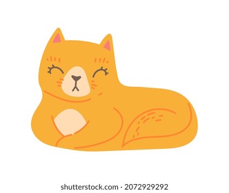 Orange cat sleep. Fuzzy recovers after many games. Stylish and minimalistic stickers, posters. Graphic elements for printing on souvenir products, animal, pet. Cartoon flat vector illustration