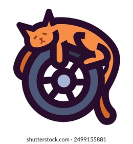 Orange cat sleeping on wheel colorful icon illustration isolated on square white background. Simple flat outlined cartoon art styled drawing.