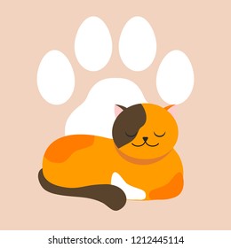 Orange cat sleeping. Vector flat illustration. Cartoon pet. Paw mark.