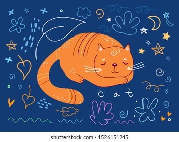 Сute orange cat sleeps.Cat resting in the evening.Vector illustration on a dark blue isolated background for children’s design and other.