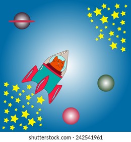 Orange cat in space suit inside blue and red rocket traveling through planets and stars . Vector illustration with blue background.